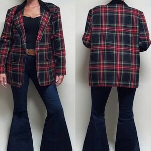 90s Vintage Requirements Christmas Plaid Wool Blend Velvet Collared Jacket L